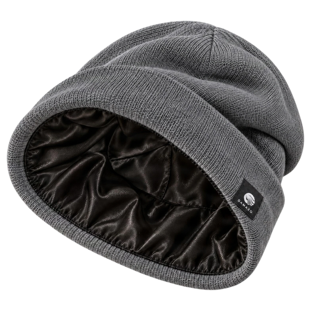 Grey NYX Oversized silk-lined beanie opened to show the black silk interior
