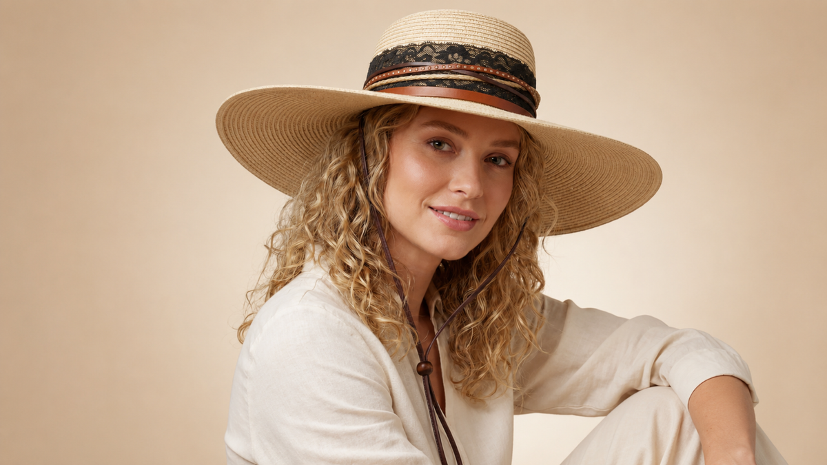 Woman wearing a wide-brim hat in summer