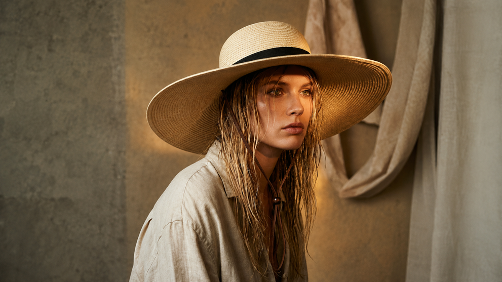 Woman Wearing A Silk-Lined Sun Hat