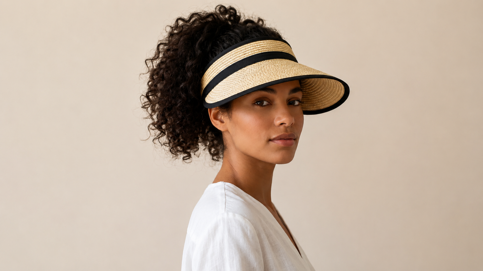 Woman with curly hair wearing a sun hat