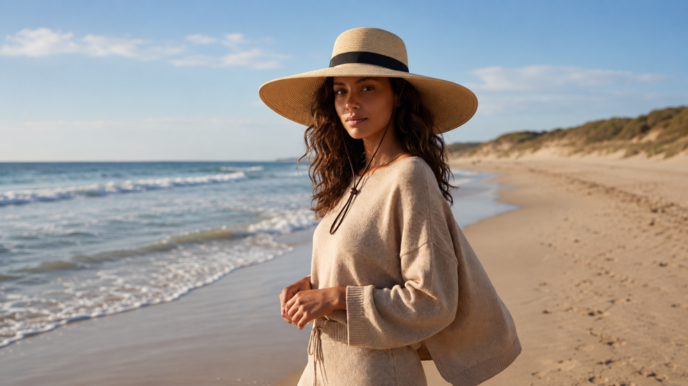 Woman with wavy hair wearing a sun hat at the beach