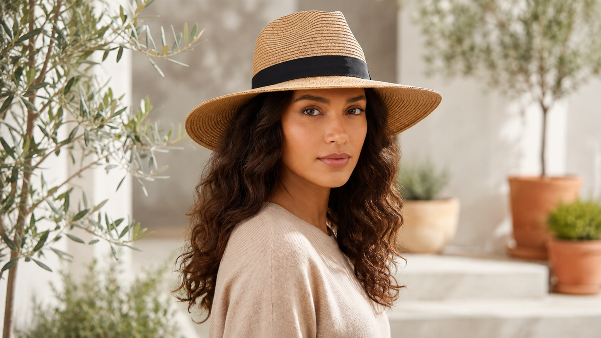 Woman with wavy hair wearing a silk-lined sun hat