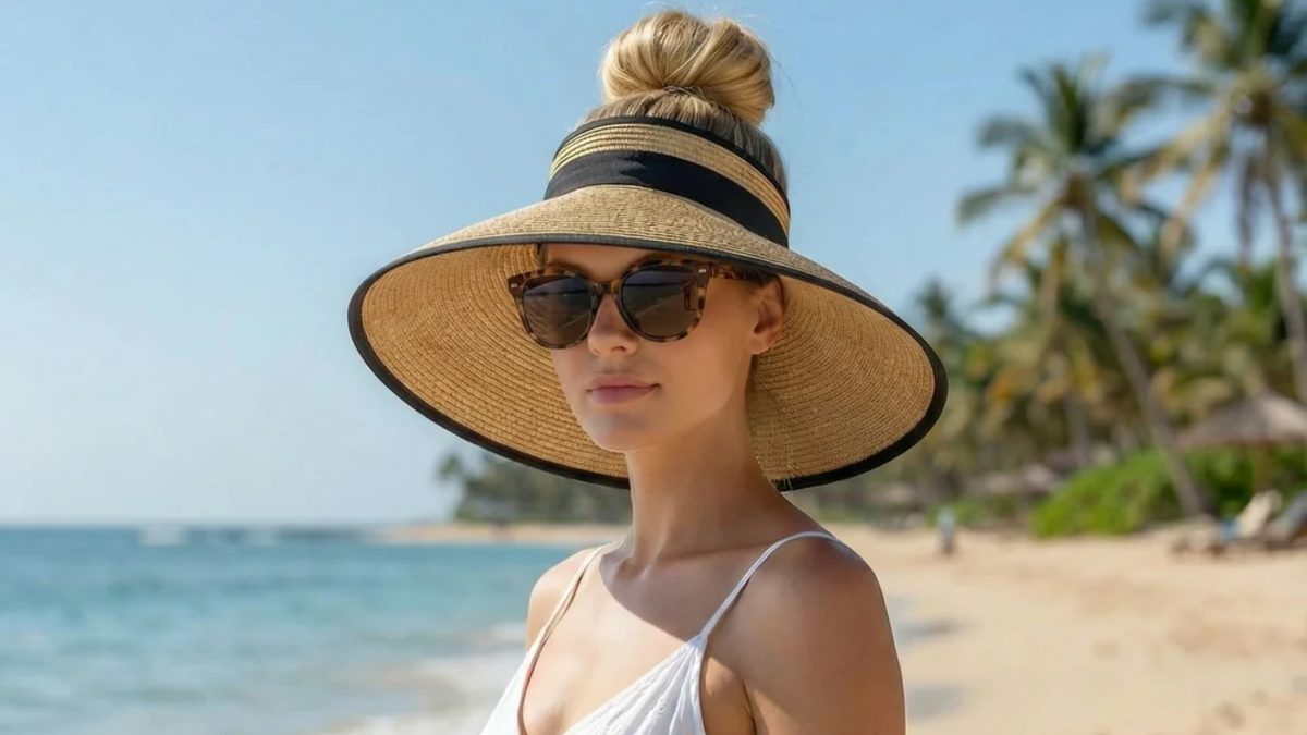 Woman with her hair in a bun wearing a sun visor