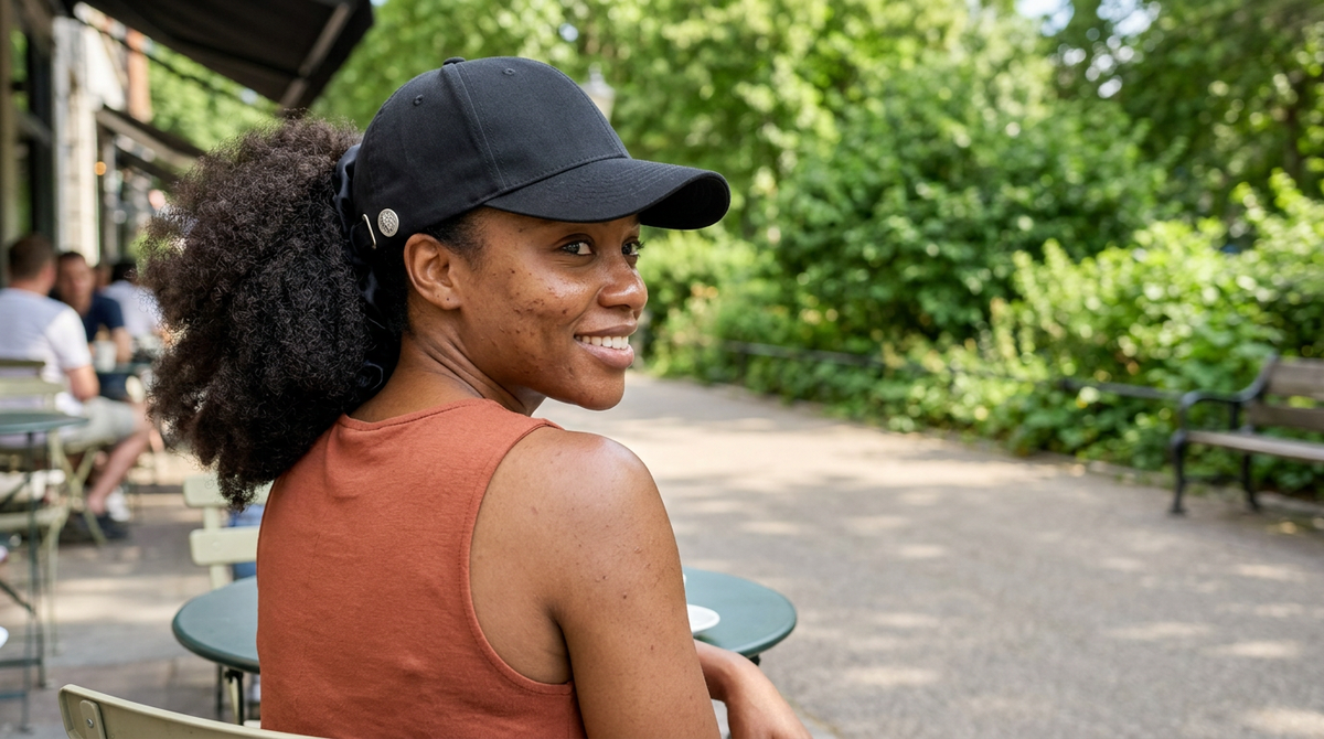 Woman with a natural hair puff worn through the back opening of a black silk-lined ponytail cap