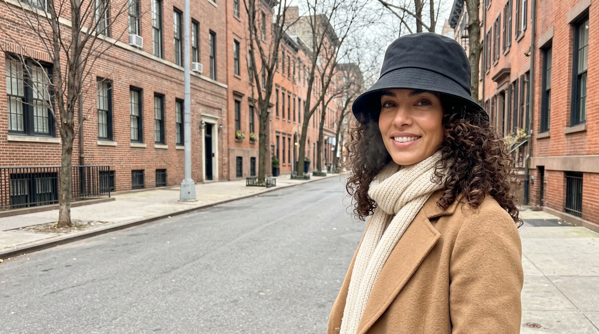 Woman with curly hair wearing a black silk-lined bucket hat and camel coat on a cold city street