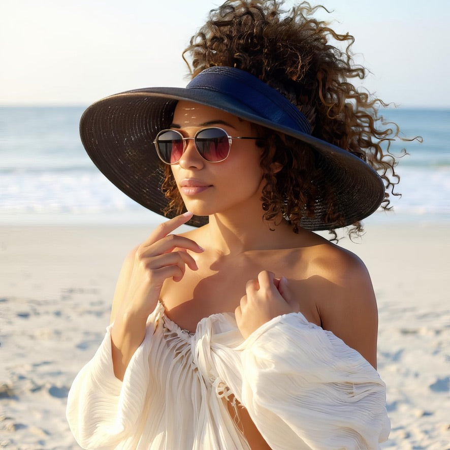 Model wearing a damazo eclipse open top black sun hat