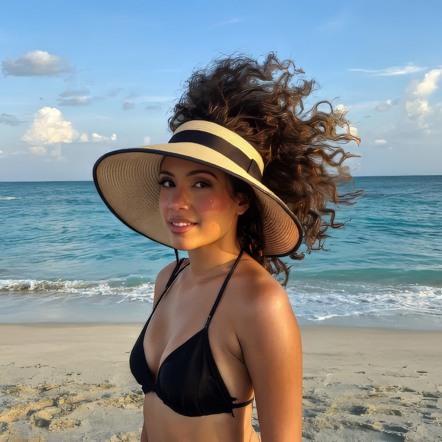 Model wearing a damazo eclipse open top beige sun hat