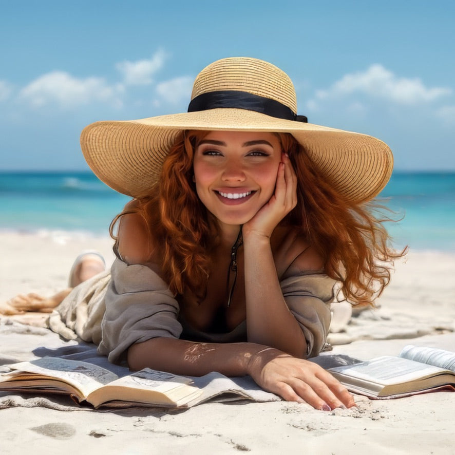 Woman wearing a wide-brimmed black hat laying on the beach