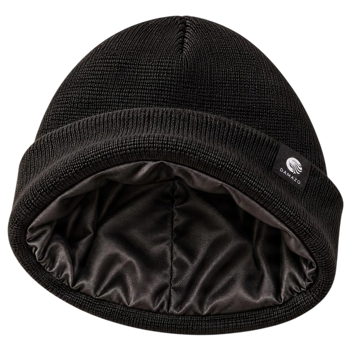 Black NYX Oversized silk-lined beanie opened to show the full silk interior