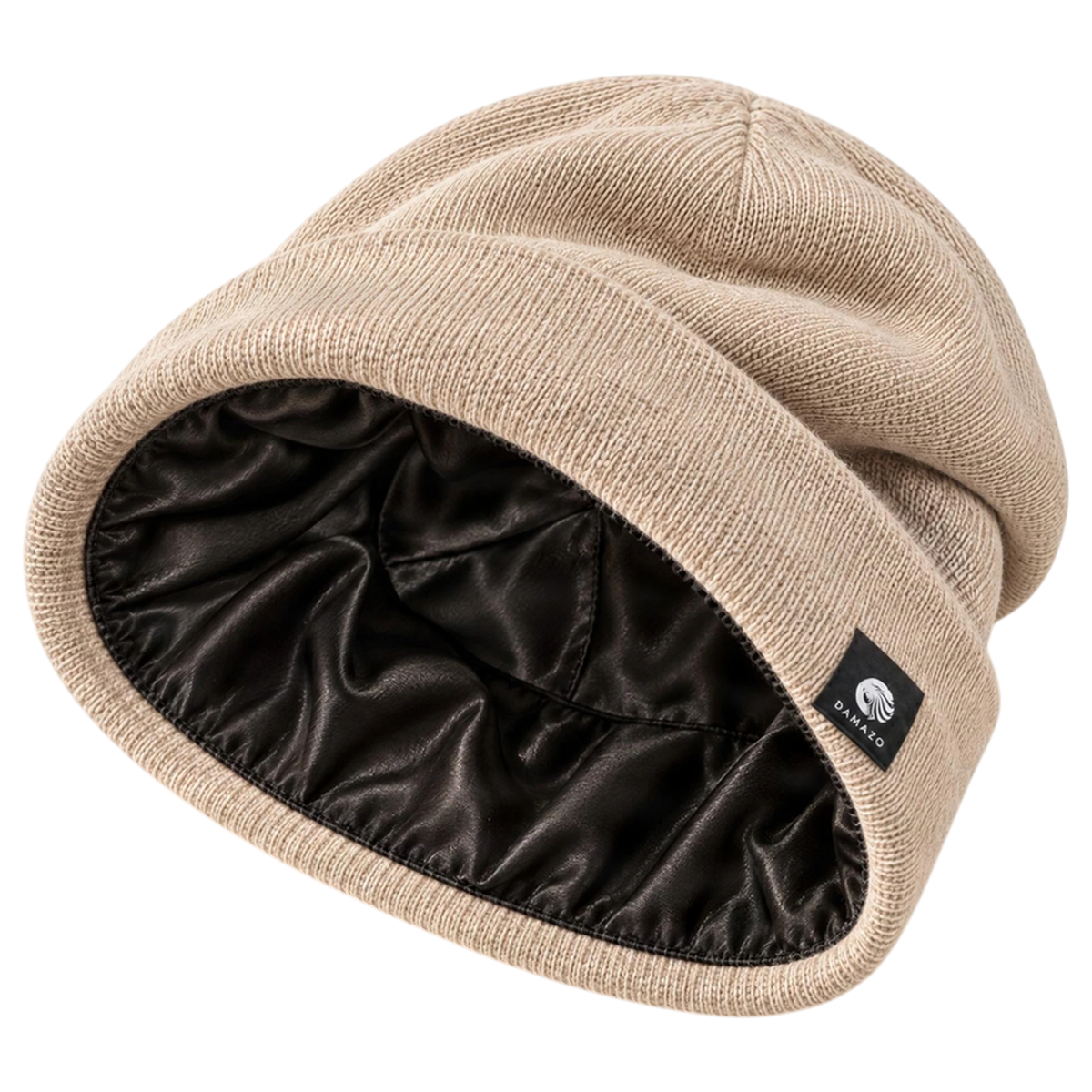 Cream NYX Oversized silk-lined beanie opened to show the black silk interior