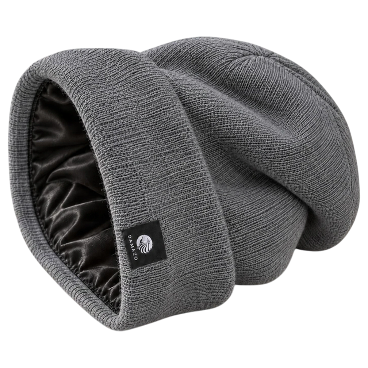Grey NYX Oversized silk-lined beanie on its side, showing the black silk lining