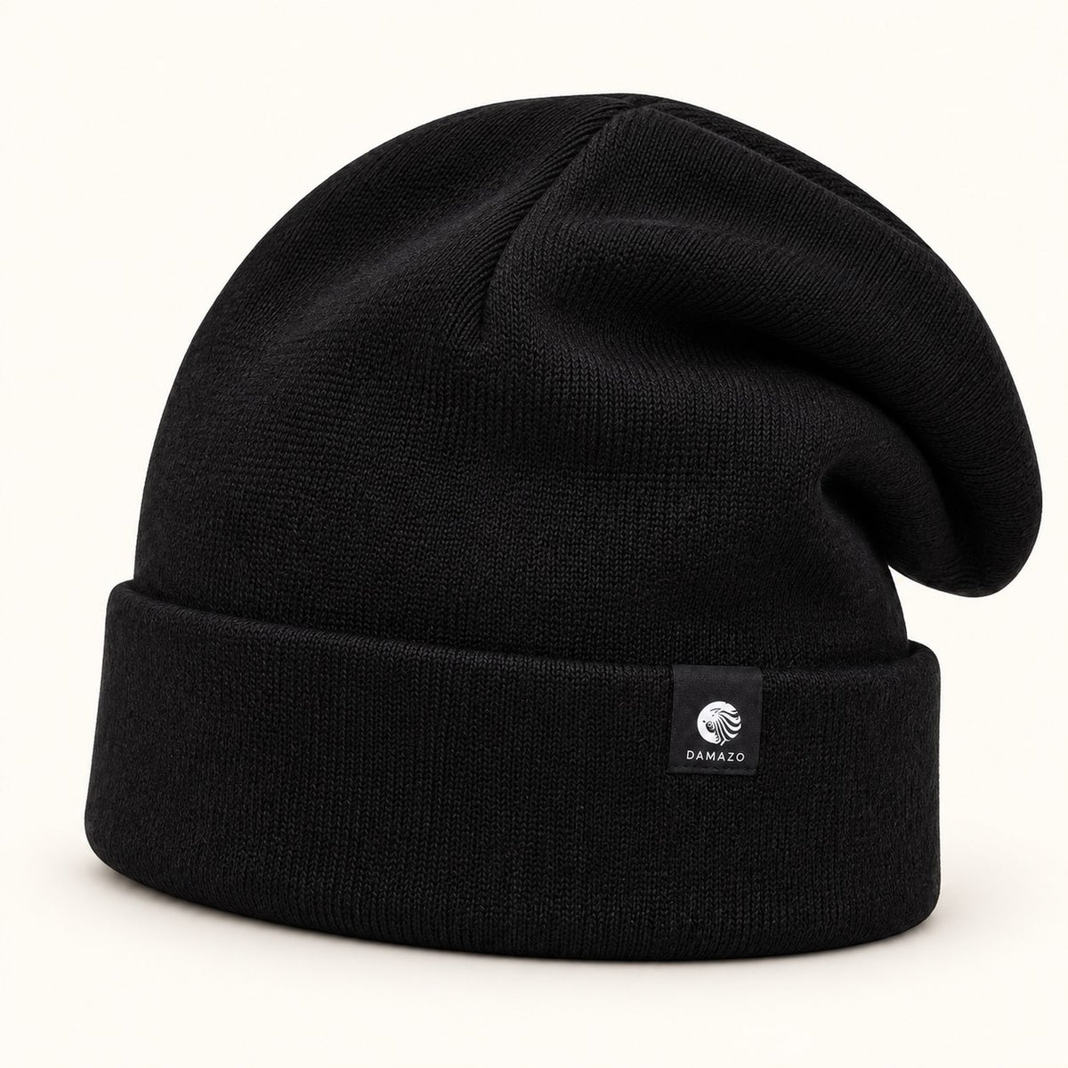 Black oversized silk-lined wool beanie, three-quarter view