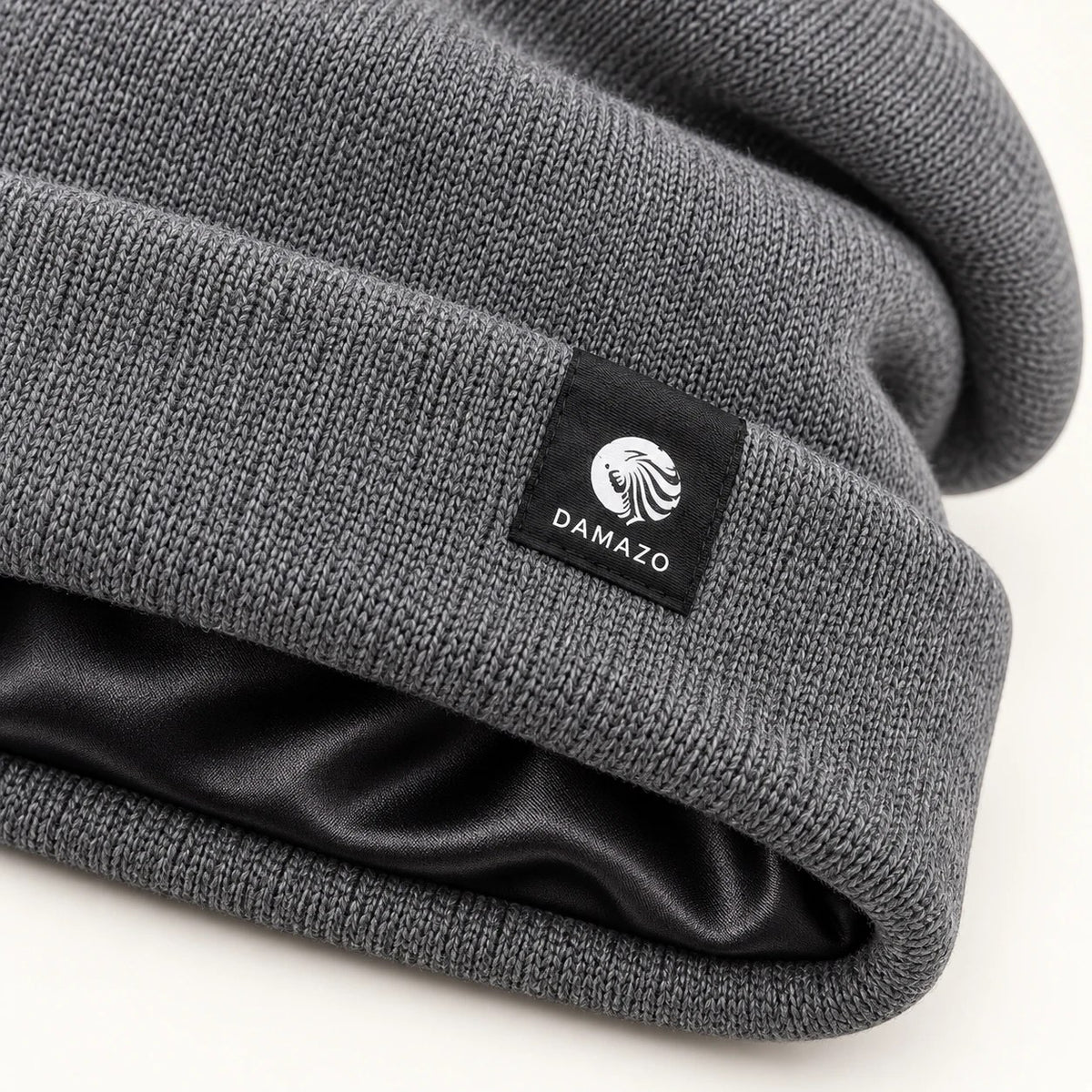 Grey NYX Oversized silk-lined wool beanie, label and silk lining detail